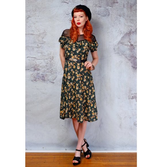Green floral sheer neckline rockabilly dress 1950s - Picture 5 of 6